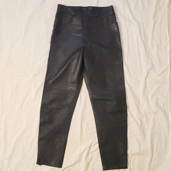 GUESS REAL LEATHER JEANS Y2K Zip Ankle Triangle Pants Black MOTO - Picture 3 of 15